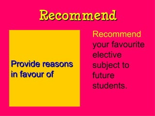 Recommend Recommend  your favourite elective subject to future students. Provide reasons in favour of  