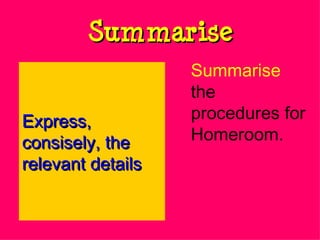 Summarise Summarise  the procedures for Homeroom. Express, consisely, the relevant details 