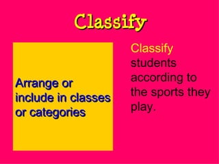 Classify Classify   students according to the sports they play. Arrange or include in classes or categories 