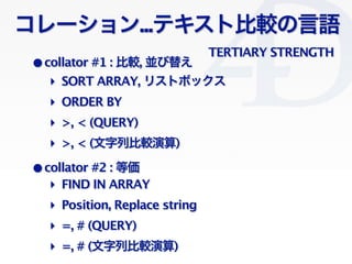 Clichy/2010-02-03
`...ƥȱ^Z
?collator #1 : ^, K椨
?collator #2 : ȁ
? SORT ARRAY, ꥹȥܥå
? ORDER BY
? >, < (QUERY)
? FIND IN ARRAY
? =, # (QUERY)
? Position, Replace string
? >, < (б^)
? =, # (б^)
TERTIARY STRENGTH
 