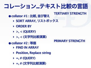 Clichy/2010-02-03
`...ƥȱ^Z
?collator #1 : ^, K椨
?collator #2 : ȁ
? SORT ARRAY, ꥹȥܥå
? ORDER BY
? >, < (QUERY)
? FIND IN ARRAY
? =, # (QUERY)
? Position, Replace string
? >, < (б^)
? =, # (б^)
PRIMARY STRENGTH
TERTIARY STRENGTH
 