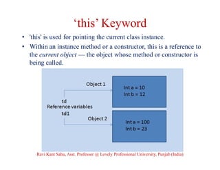 ‘this’ Keyword
• 'this' is used for pointing the current class instance.
• Within an instance method or a constructor, this is a reference to
the current object — the object whose method or constructor is
being called.
Ravi Kant Sahu, Asst. Professor @ Lovely Professional University, Punjab (India)
 