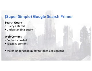 (Super Simple) Google Search Primer
Search Query
• Query entered
• Understanding query
Web Content
• Content crawled
• Tokenize content
• Match understood query to tokenized content
 