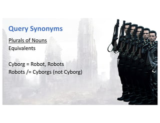 Query Synonyms
Plurals of Nouns
Equivalents
Cyborg = Robot, Robots
Robots /= Cyborgs (not Cyborg)
 