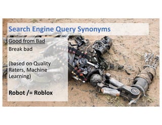 Search Engine Query Synonyms
Good from Bad
Break bad
(based on Quality
Raters, Machine
Learning)
Robot /= Roblox
 