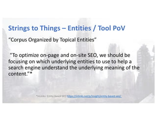 Strings to Things – Entities / Tool PoV
“Corpus Organized by Topical Entities”
“To optimize on-page and on-site SEO, we should be
focusing on which underlying entities to use to help a
search engine understand the underlying meaning of the
content.”*
*InLinks: Entity Based SEO https://inlinks.net/p/insight/entity-based-seo/
 