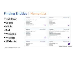 Finding Entities | Humantics
•Text Razor
•Google
•Inlinks
•IBM
•Wikipedia
•Wikidata
•SEOSurfer
Surfer Content Planner
https://www.surferseo.com
 