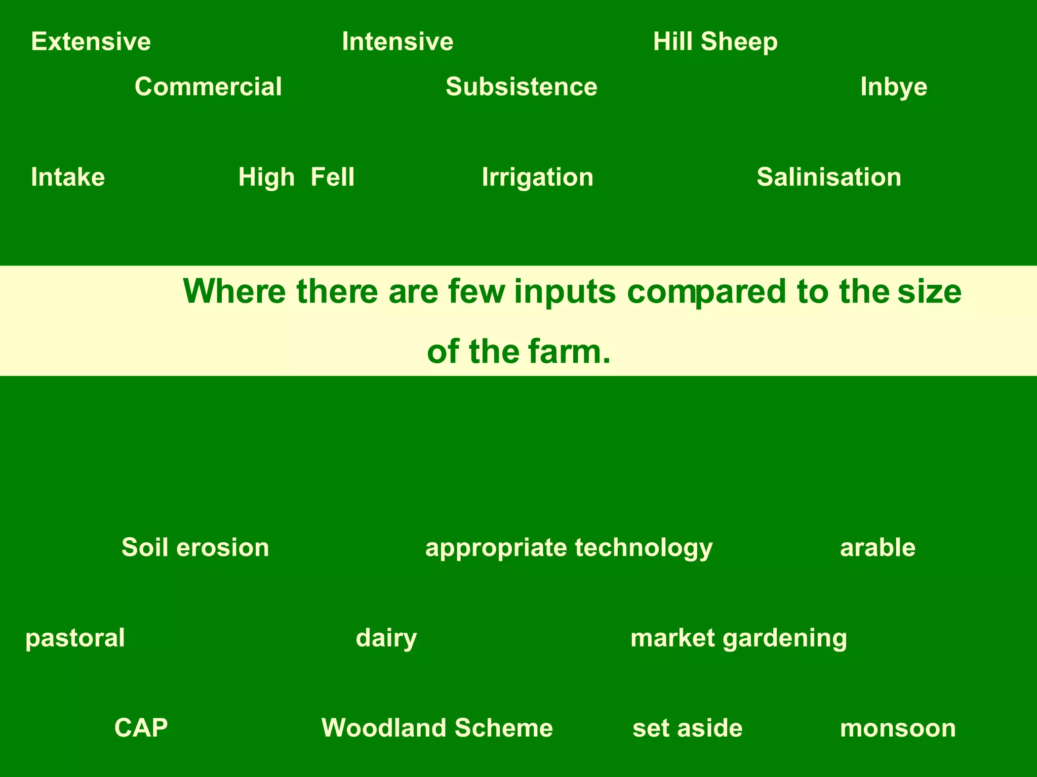 Extensive Intensive Hill Sheep Commercial Subsistence Inbye Intake High  Fell   Irrigation Salinisation   Soil erosion appropriate technology   arable pastoral   dairy   market gardening CAP Woodland Scheme set aside monsoon Where there are few inputs compared to the size  of the farm. 