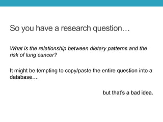 So you have a research question…
What is the relationship between dietary patterns and the
risk of lung cancer?
It might be tempting to copy/paste the entire question into a
database…
but that’s a bad idea.
 