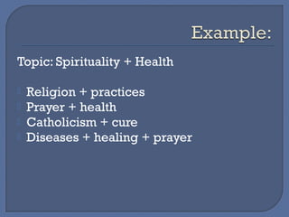 Topic: Spirituality + Health 
 Religion + practices 
 Prayer + health 
 Catholicism + cure 
 Diseases + healing + pray...