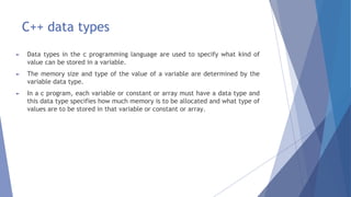Keywords, identifiers ,datatypes in C++ | PPT