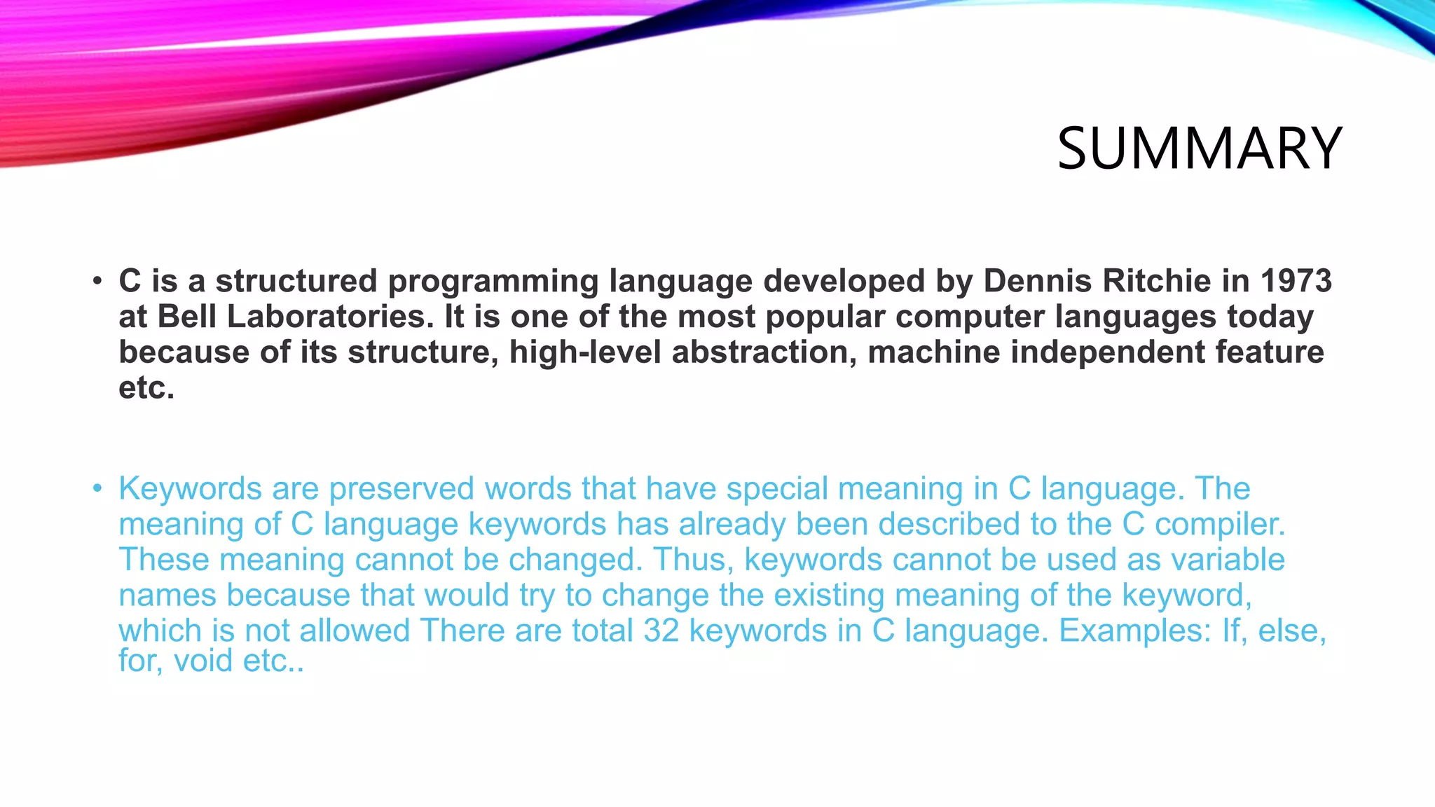 Keywords in c language | PPTX