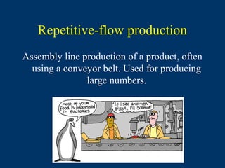 Repetitive-flow production
Assembly line production of a product, often
  using a conveyor belt. Used for producing
               large numbers.
 
