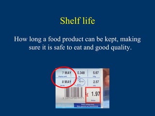 Shelf life
How long a food product can be kept, making
    sure it is safe to eat and good quality.
 