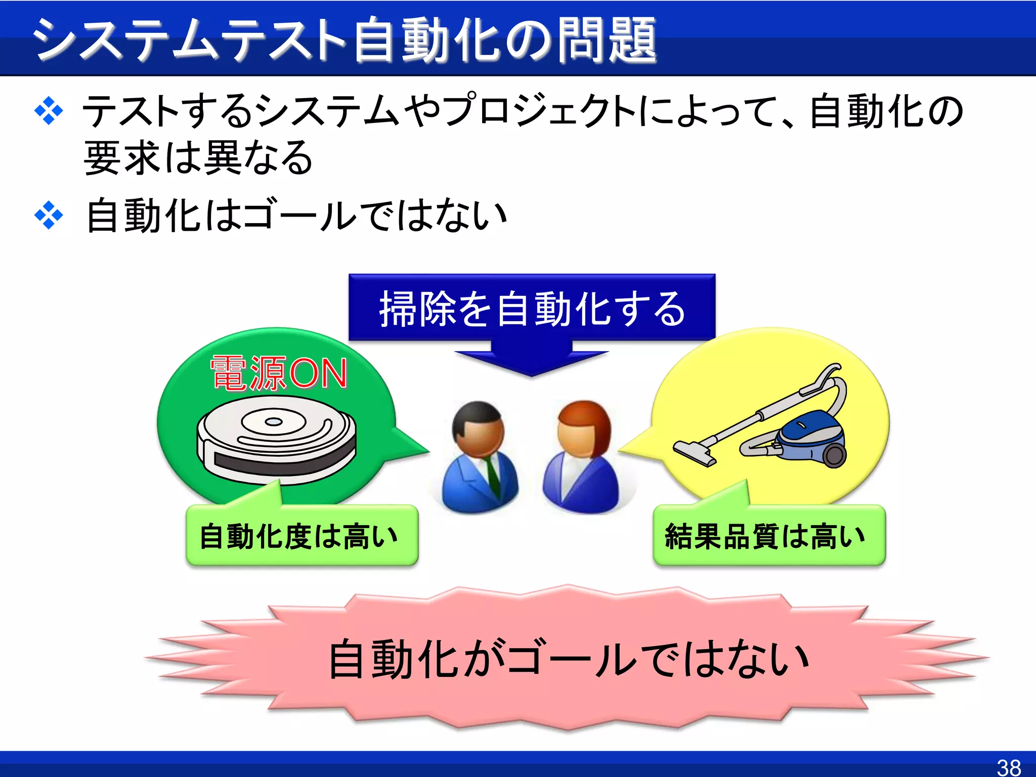 システムテスト自動化の問題
 テストするシステムやプロジェクトによって、自動化の
要求は異なる
 自動化はゴールではない
38
掃除を自動化する
自動化度は高い 結果品質は高い
自動化がゴールではない
 