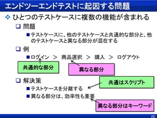 エンドツーエンドテストに起因する問題
 ひとつのテストケースに複数の機能が含まれる
 問題
テストケースに、他のテストケースと共通的な部分と、他
のテストケースと異なる部分が混在する
 例
ログイン ＞ 商品選択 ＞ 購入 ＞ ログアウト
 解決策
テストケースを分離する
異なる部分は、効率性も重要
25
共通的な部分 異なる部分
共通はスクリプト
異なる部分はキーワード
 