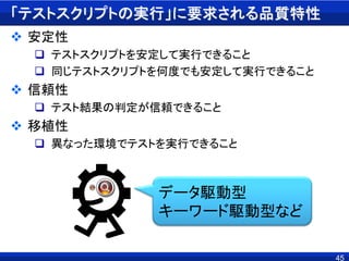 「テストスクリプトの実行」に要求される品質特性
 安定性
 テストスクリプトを安定して実行できること
 同じテストスクリプトを何度でも安定して実行できること
 信頼性
 テスト結果の判定が信頼できること
 移植性
 異なった環境でテストを実行できること
45
データ駆動型
キーワード駆動型など
 