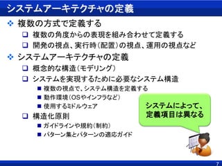 7
システムアーキテクチャの定義
 複数の方式で定義する
 複数の角度からの表現を組み合わせて定義する
 開発の視点、実行時（配置）の視点、運用の視点など
 システムアーキテクチャの定義
 概念的な構造（モデリング）
 システムを実現するために必要なシステム構造
 複数の視点で、システム構造を定義する
 動作環境（OSやインフラなど）
 使用するミドルウェア
 構造化原則
 ガイドラインや規約（制約）
 パターン集とパターンの適応ガイド
システムによって、
定義項目は異なる
 