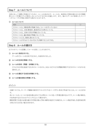12
Step 7 ルールについて
方針に沿って実際に作業を行うために、ルールを決めます。ルールは、効率的に作業を進めるためや関係
者によって作業のズレが発生しないようにするために定義します。また、後からチームに参加したメンバ
ーがスムーズに作業に参加する助けにもなります。
ルールについて
項目 ○
そのルールは、判断基準が明確である。（ルールを守っているか）
そのルールは、主体（開発者、検査者など）を明示している。
そのルールは、主体の目的が明確になっている。
そのルールは、適応場面が明確になっている。
そのルールには、制約も書かれている。
そのルールが守られているかだれでも判断することができる。
Step 8 ルールの書き方
以下のポイントを意識してルールを書くことが大切です。
ルールに名前を付ける。
チーム内でルールを共有するために、名前を付けましょう。
ルールの主体を明確にする。
ルールの目的（問題）を明確にする。
どのような目的を達成するためのルールなのか、あるいはどのような問題を解決するためのルールなのかを
書きましょう。
ルールを適応する状況を明確にする。
ルールの優先順位を明確にする。
ポイント
自動テストでは、キーワード駆動の採用やテストスクリプトをマークダウン形式で作成することは、ルールとなりま
す。
良いルールは、ルールの記述を読込まなくても自然とルールに従って作業を進めるものです。ルール集の様なも
のを作成するかどうかはプロジェクトによって異なります。
関係者間で合意が必要な場合や作業が進んだ時に衝突が起きそうな場合は、ルール集を作成し合意形成を明
示的に行う方が良い場合があります。
 