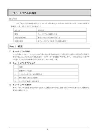 1
チュートリアルの概要
はじめに
ここでは、｢キーワード駆動を利用したシステムテスト自動化｣チュートリアルの目指す方向、出発点と到着点
を確認します。主な内容は以下の通りです。
ステップ 主な内容
概要 チュートリアルの概要と予定
目的・達成目標 本チュートリアルに期待すること
言葉の説明 本チュートリアルで使用する言葉の説明
Step 1 概要
① チュートリアルの概要
テスト自動化において、テストコードの作成コストや保守性の悪化、テスト記述の可読性の悪さなどの問題が
発生することがあります。この対処方法の一つがキーワード駆動テストです。本チュートリアルでは、自動テス
トの考え方とキーワード駆動テストの考え方について説明します。
② チュートリアルのアジェンダ
内容
１ 自動テストの基礎
２ ステムアーキテクチャと品質特性
３ Web 電卓を例にした演習
４ キーワード駆動テストの演習
③ チュートリアルの進め方
本チュートリアルを有意義なものとするために、講義だけではなく、演習を行ないながら進めます。積極的な
参加をお願いします。
 