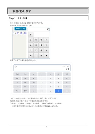 6
例題（電卓）演習
Step 1 テスト対象
テスト対象は、以下の 2 種類の電卓アプリです。
通常の電卓と同じ動作をするもの。
演算子に数学の優先順位があるもの。
この二つのテスト対象は、同じ操作を行った場合、答えが異なります。
例えば、画面のボタンを以下の様に操作した場合です。
「1 を押す、＋を押す、2 を押す、×を押す、1 を押す、0 を押す、＝を押す」
一つ目の電卓の回答は３０で、二つ目の電卓の回答は 21 となります。
 