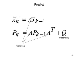 22
Predict
Q
T
A
k
AP
k
P
k
x
A
k
x
+
-
=
-
-
=
-
1
1
Uncertainty
Transition
 