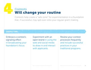 Why Contests Improve Philanthropy 	knightfoundation.org  #opencontests	 11 
Useful Tips:
lesson
Contests
Will change your ...