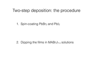 Two-step deposition: the procedure 
1. Spin-coating PbBr2 and PbI2 
2. Dipping the films in MABrxI1-x solutions 
 