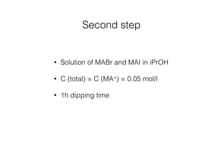 Second step 
• Solution of MABr and MAI in iPrOH 
• C (total) = C (MA+) = 0.05 mol/l 
• 1h dipping time 
 
