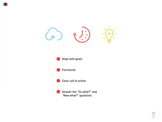 Align with goals
Functional
Clear call to action
Answer the “So what?” and
“Now what?” questions
 