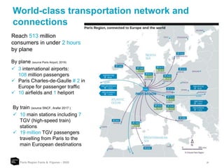 21
World-class transportation network and
connections
Paris Region Facts & Figures – 2020
Reach 513 million
consumers in under 2 hours
by plane
By plane (source Paris Airport, 2019)
 3 international airports:
108 million passengers
 Paris Charles-de-Gaulle # 2 in
Europe for passenger traffic
 10 airfields and 1 heliport
By train (source SNCF, Arafer 2017 )
 10 main stations including 7
TGV (high-speed train)
stations
 19 million TGV passengers
travelling from Paris to the
main European destinations
 