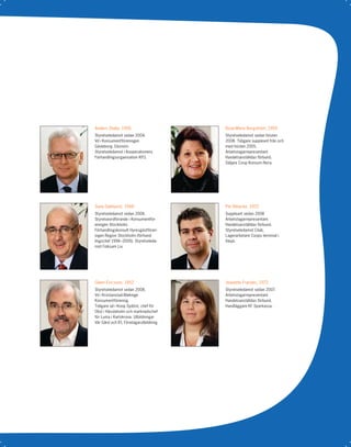 Anders Stake, 1956                      Rose-Marie Borgström, 1959
Styrelseledamot sedan 2004.             Styrelseledamot sedan hösten
Vd i Konsumentföreningen                2008. Tidigare suppleant från och
Gävleborg. Ekonom.                      med hösten 2005.
Styrelseledamot i Kooperationens        Arbetstagarrepresentant
Förhandlingsorganisation KFO.           Handelsanställdas förbund.
                                        Säljare Coop Konsum Nora.




Sune Dahlqvist, 1948                    Per Ribacke, 1972
Styrelseledamot sedan 2006.             Suppleant sedan 2008
Styrelseordförande i Konsumentför-      Arbetstagarrepresentant
eningen Stockholm.                      Handelsanställdas förbund.
Förhandlingskonsult Hyresgästfören-     Styrelseledamot Cilab,
ingen Region Stockholm (förhand-        Lagerarbetare Coops terminal i
lingschef 1996–2005). Styrelseleda-     Växjö.
mot Folksam Liv.




Glenn Ericsson, 1952                    Jeanette Franzén, 1972
Styrelseledamot sedan 2008.             Styrelseledamot sedan 2007.
Vd i Kristianstad-Blekinge              Arbetstagarrepresentant
Konsumentförening.                      Handelsanställdas förbund.
Tidigare vd i Koop Sydöst, chef för     Handläggare KF Sparkassa.
Obs! i Hässleholm och marknadschef
för Luma i Karlskrona. Utbildningar
Vår Gård och IFL Företagarutbildning.




                                                                            79
 