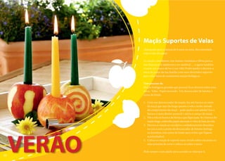 Maçãs Suportes de Velas
             (Adequado para crianças de 6 anos ou mais. Recomendada
             supervisão dos pais)

             As maçãs contribuem com muitas vitaminas e fibras para a
             tua dieta para te ajudarem a ser saudável … e agora também
             trazem um pouco de luz à tua vida! Podes ajudar a decorar a
             mesa de jantar da tua família com estes divertidos suportes
             para velas feitas de sumarentas maçãs biológicas.

             Vais precisar de:
             Maçãs biológicas grandes que possam ficar direitas sobre uma
             mesa · Velas · Papel encerado · Um descascador de batatas e
             sumo de limão

             1. Com um descaroçador de maçãs, faz um buraco no meio
                da maçã que seja tão largo quanto a vela e tenha metade
                do comprimento da maçã – pede ajuda a um adulto! Faz o
                buraco o mais direito possível e retira o caroço da maçã.
             2. Põe a vela no buraco de forma a que fique justa. Se o buraco for
                muito largo, embrulha papel encerado à volta da base da vela.
             3. Decora as maçãs ao esculpires cuidadosamente desenhos
                na casca com a ponta do descascador de batatas (esfrega
                os desenhos com sumo de limão para evitar que fiquem




     VERÃO
                acastanhados).
             4. Coloca as maçãs de suporte num círculo sobre um prato ou
                uma prancha de corte e coloca-os sobre a mesa.

             Pede sempre a um adulto para acender as velas por ti.
10
 