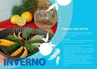 Colector Solar no Frio
               Durante os longos meses de Inverno não há nada melhor do
               que um dia de sol. Captura os brilhantes raios de sol para ti
               com este super colector solar.

               Vais precisar de:
               Um atacador ou um fio forte · Uma base para tartes disponível ·
               Água · Tesoura · Laranjas ou limões biológicos

               1. Dobra o atacador ou fio ao meio e coloca as duas pontas ao
                  longo do centro da base para tartes.
               2. Descasca cuidadosamente as laranjas e os limões de forma a
                  que fiques com pedaços grandes de casca. Corta um círculo
                  grande para fazeres o “sol” e muitos triângulos compridos
                  para fazeres os “raios”.
               3. Coloca o “sol” e os seus “raios” na base de tartes, com a
                  parte colorida voltada para cima. Deita água na base com




     INVERNO
                  cuidado até esta ficar quase cheia. Coloca a base no exterior
                  (se estiver bastante frio) ou no teu congelador.
               4. Quando estiver congelada, retira o gelo da base e pede a
                  um adulto para a pendurar num ramo baixo onde possa
                  apanhar sol.
18
 