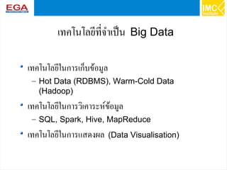 13
เทคโนโลยีที่จำเป็น Big Data
เทคโนโลยีในการเก็บข้อมูล
– Hot Data (RDBMS), Warm-Cold Data
(Hadoop)
เทคโนโลยีในการวิเคาระห์ข้อมูล
– SQL, Spark, Hive, MapReduce
เทคโนโลยีในการแสดงผล (Data Visualisation)
 