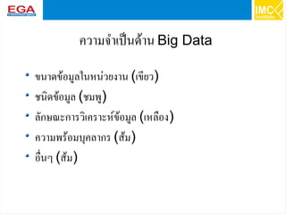 68
ความจำเป็นด้านBig Data
ขนาดข้อมูลในหน่วยงาน (เขียว)
ชนิดข้อมูล (ชมพู)
ลักษณะการวิเคราะห์ข้อมูล (เหลือง)
ความพร้อมบุคลากร (ส้ม)
อื่นๆ (ส้ม)
 
