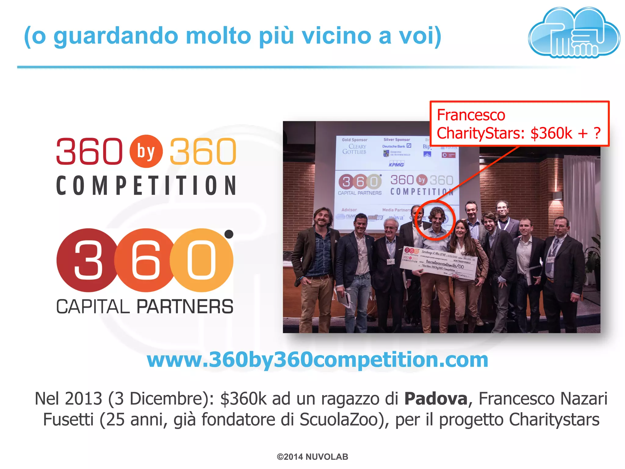 (o guardando molto più vicino a voi) 
www.360by360competition.com 
Nel 2013 (3 Dicembre): $360k ad un ragazzo di Padova, Francesco Nazari 
Fusetti (25 anni, già fondatore di ScuolaZoo), per il progetto Charitystars 
©2014 NUVOLAB 
Francesco 
CharityStars: $360k + ? 
 