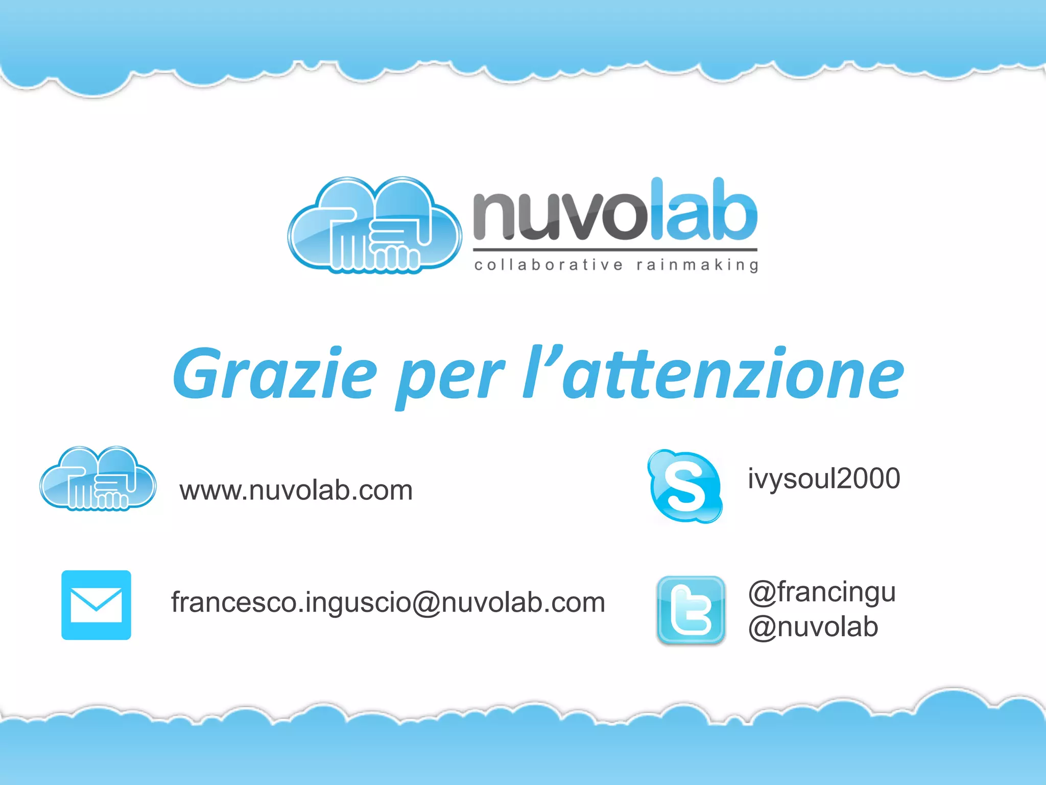 Grazie 
per 
l’aDenzione 
www.nuvolab.com ivysoul2000 
@francingu 
@nuvolab 
francesco.inguscio@nuvolab.com 
