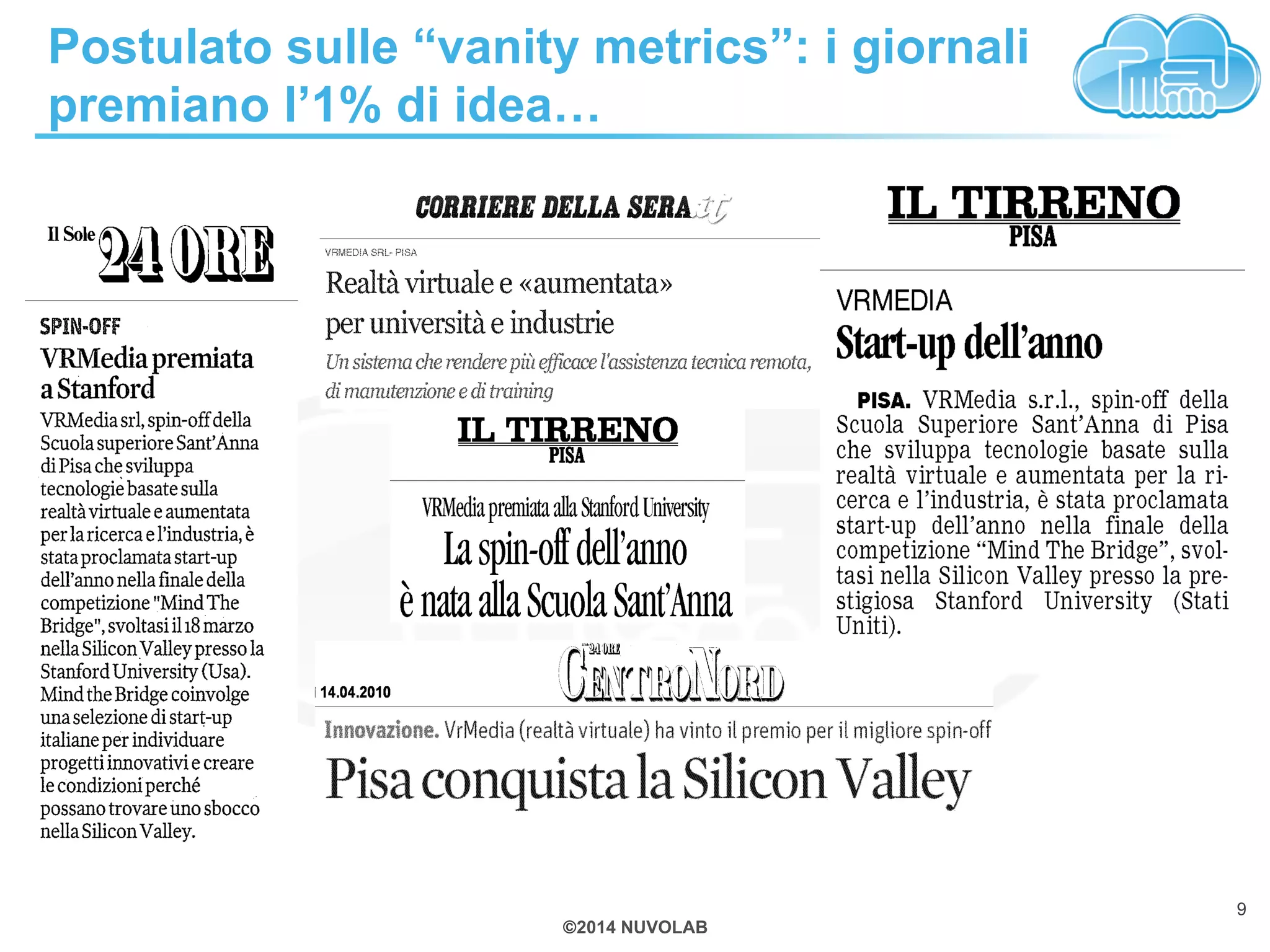 Postulato sulle “vanity metrics”: i giornali 
premiano l’1% di idea… 
©2014 NUVOLAB 
9 
 