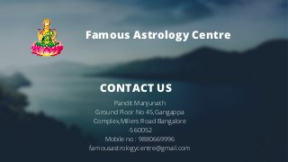 Pandit Manjunath
Ground Floor No 45,Gangappa
Complex,Millers Road Bangalore
-560052
Mobile no : 9880669996
famousastrologycentre@gmail.com
CONTACT US
Famous Astrology Centre
 