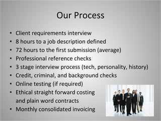 Our Process Client requirements interview 8 hours to a job description defined 72 hours to the first submission (average) Professional reference checks 3 stage interview process (tech, personality, history) Credit, criminal, and background checks Online testing (if required) Ethical straight forward costing and plain word contracts Monthly consolidated invoicing 