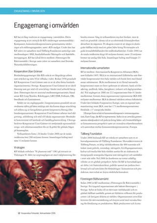 ENGAGEMANG I OMVÄRLDEN




Engagemang i omvärlden
KF har en lång tradition av engagemang i omvärlden. Detta            hindra erosion. Idag är verksamheten mycket bredare, men är
engagemang är ett uttryck för KFs värderingar sammanställda i        med sin grundidé i denna tid av accelererande klimatpåverkan
Kompassen, konsumentkooperationens gemensamma värder-                aktuellare än någonsin. Vi-skogens vision är att skapa en ekolo-
ingar och ställningstaganden, samt i KFs stadgar. Under året har     giskt hållbar miljö med ett grönt bälte kring Victoriasjön och
KF inlett ett samarbete med Tällberg Foundation samtidigt som        goda levnadsförhållanden för småbrukarfamiljer. Under 2006 var
medlemskapet i SNS, Studieförbundet Näringsliv och Samhälle,         de totala intäkterna drygt 60 miljoner kronor, varav 29 miljoner
återupptagits. KF har också blivit medlem i Föreningen för           kronor var anslag från Sida. Insamlingar bidrog med knappt 23
Rättvisemärkt i Sverige samt inlett ett samarbete med Svenska        miljoner kronor.
Naturskyddsföreningen.
                                                                     Internationella samarbeten
Kooperation Utan Gränser                                             KF är medlem i Internationella Kooperativa Alliansen (IKA),
Biståndsengagemanget från KFs sida är ett långsiktigt arbete         som bildades 1895. IKA är en internationell folkrörelse som före-
som sträcker sig nära 50 år tillbaka i tiden. Redan 1958 grundade    träder kooperationer över hela världen och bistår dem med bland
KF Kooperation Utan Gränser som en av de allra första bistånds-      annat information. IKAs medlemmar är ett flertal nationella
organisationerna i Sverige. Kooperation Utan Gränser är en ideell    kooperationer inom ett brett spektrum av sektorer; bank och för-
förening som ger stöd till utveckling i länder med utbredd fattig-   säkring, jordbruk, hälsa, fastigheter, industri och dagligvaruhan-
dom. Föreningen har ett sextiotal medlemsorganisationer, bland       del. Vid utgången av 2006 var 222 organisationer från 91 länder
annat KF, Coop Norden, Riksbyggen, LRF, HSB, Folksam, OK,            medlemmar. Genom dessa organisationer representerar IKA 800
Swedbank och Lantmännen.                                             miljoner medlemmar. IKA är därmed världens största folkrörelse.
    Stödet tar sin utgångspunkt i kooperationens grundidé om att     Under året bildades Cooperatives Europe, som en regional sam-
invånarna själva på bästa möjliga sätt ska kunna skapa utveckling    manslutning inom IKA, som har 171 medlemsorganisationer
och arbeta sig ur fattigdomen genom kooperativa företag eller        fördelade i 37 europeiska länder.
bondeorganisationer. Kooperation Utan Gränser arbetar med råd-          I Europa finns också en konsumentkooperativ intresseorganisa-
givning, utbildning och stöd till lokala organisationer. Biståndet   tion, Euro Coop, där KF är representerat. Syftet är att utveckla gemen-
är koncentrerat till lantbruk och landsbygdsutveckling. I Sverige    samma ståndpunkter och policies kring hälso- och livsmedelsfrågor
bedriver Kooperation Utan Gränser ett omfattande opinionsbild-       ur konsumentens perspektiv samt att stimulera erfarenhetsutbyte
nings- och informationsarbete för att få gehör för globala frågor    och samverkan mellan konsumentkooperationerna i Europa.
på hemmaplan.
    Verksamheten finns i 26 länder. Under 2006 var de totala         Tällberg Foundation
intäkterna över 200 miljoner kronor. Insamlingar bidrog med          Under 2006 beslutade KF att inleda ett samarbete som en av
nära 33 miljoner kronor.                                             huvudsponsorerna till Tällberg Foundation. Huvudaktiviteten är
                                                                     Tällberg Forum, en årlig världskonferens där 400 statsmän och
Vi-skogen                                                            ledare inom politik, vetenskap, näringsliv, frivilligorganisationer,
KF bildade stiftelsen ”Vi planterar träd” 1983 på initiativ av       kultur och media från hela världen samlas för att diskutera de
Tidningen Vi. Idén var ursprungligen att med trädplantering för-     övergripande strategiska frågorna som näringslivet och samhället
                                                                     i stort står inför. Vid 2006 års konferens var temat uthållig
                                                                     tillväxt ur ett globalt perspektiv. Syftet för KF är huvudsakligen
                                                                     att delta i ett framtidsinriktat, publikt samtal om jordens över-
                                                                     levnad och vad som krävs för förändringar i konsumtion och pro-
                                                                     duktion, men också att knyta värdefulla kontakter.

                                                                     Föreningen Rättvisemärkt
                                                                     Sedan 2006 är KF medlemmar i Föreningen för Rättvisemärkt i
                                                                     Sverige. Ett tjugotal organisationer står bakom föreningen i
                                                                     Sverige. Syftet är bidra till en rättvisare världshandel och ett
                                                                     globalt hållbart samhälle genom att förbättra villkoren för produ-
                                                                     center i de fattigare delarna av världen. Organisationen utvecklar
                                                                     kriterier för rättvisemärkning och knyter avtal med svenska före-
                                                                     tag för försäljning av produkterna. Både producenter och licens-


   12 Kooperativa Förbundet, Verksamheten 2006
 