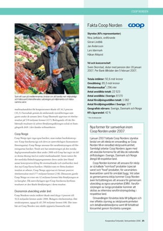 COOP NORDEN




                                                                     Fakta Coop Norden
                                                                     Styrelse (KFs representanter)
                                                                     Nina Jarlbäck, ordförande
                                                                     Göran Lindblå
                                                                     Jan Andersson
                                                                     Lars Idermark
                                                                     Håkan Ahlqvist


                                                                     Vd och koncernchef:
                                                                     Svein Skorstad, slutar med pension den 18 januari
                                                                     2007. Per Bank tillträder den 5 februari 2007.


                                                                     Totala intäkter: 92,6 mdr kronor
                                                                     Omsättning: 85,5 mdr kronor
                                                                     Rörelseresultat*: 296 mkr
                                                                     Antal anställda totalt: 22 523
Som ett svar på medlemmarnas önskan om att handla mer miljövänligt   Antal anställda i Sverige: 8 570
och hälsosamt intensifierades satsningen på miljömärkta och hälso-   Antal försäljningsställen totalt: 1 082
samma varor.
                                                                     Antal försäljningsställen i Sverige: 377

marknadsandelen för kooperationen ökade till 36,5 procent            Geografisk närvaro: Sverige, Danmark och Norge
(36,3) i huvudsak genom de omfattande nyetableringar som             KFs ägarandel: 42 %
gjorts under de senaste åren. Coop Danmark uppvisar ett rörelse-     * före strukturposter
resultat på 518 miljoner kronor (437). Bidragande till det för-
bättrade resultatet är utöver försäljningsökningen också en fram-
gångsrik drift i den danska verksamheten.                               Nya former för samverkan inom
                                                                        Coop Norden under 2007
Coop Norge
Coop Norge äger inga egna butiker, utan endast butikskoncep-            I januari 2007 fattade Coop Nordens styrelse
ten. Coop-butikerna ägs och drivs av samvirkelagen (konsument-          beslut om att inleda en omvandling av Coop
föreningarna). Coop Norge ansvarar för varuförsörjningen till för-      Norden till en renodlad inköpsverksamhet.
eningarnas butiker. Totalt sett har omsättningen på den norska          Samtidigt arbetar Coop Nordens ägare med
dagligvarumarknaden ökat under 2006 och Coop har tagit sin del          att utveckla formerna för att låta de nationella
av denna ökning med en stabil marknadsandel. Inom ramen för             driftsbolagen i Sverige, Danmark och Norge
det nordiska förändringsprogrammet drevs under året bland               återgå till respektive land.
annat konceptutveckling för stormarknader och storbutiker med              Coop Norden kommer att ansvara för inköp
den nya Coop Extra-butiken i Halden som ett första konkret              av så kallade ”non-food”-produkter (special-
resultat av arbetet. Coop Norge uppvisar ett fortsatt positivt          varor) och ”food”-produkter, för varumärkes-
rörelseresultat med 277 miljoner kronor (238). Dessutom gjorde          leverantörer samt för området bygg. Vid sidan
Coop Norge en vinst om 42 miljoner kronor från försäljningen av         av gemensamma inköp kommer Coop Norden
en fastighet. Då samvirkelagen äger Coop-butikerna återfinns            även fortsättningsvis att ansvara för gemensam
resultatet av den ökade försäljningen i deras resultat.                 utveckling av egna varumärken (EMV). Varuför-
                                                                        sörjningen av övriga produkter kommer att
Ekonomisk utveckling under året                                         skötas av inhemska varuförsörjningsbolag i
Coop Nordens totala intäkter ökade med drygt 4 procent till             respektive land.
92,6 miljarder kronor under 2006. Bolagets rörelseresultat, före           Omvandlingen förväntas leda till tydligare och
strukturposter, uppgick till 296 miljoner kronor (68). Det inne-        mer effektiv styrning av inköpsverksamheten
bär att Coop Norden inte nådde uppsatta finansiella mål.                och detaljhandelskedjorna samt till förbättrad
                                                                        lönsamhet genom förstärkta synergier.



                                                                                             Kooperativa Förbundet, Verksamheten 2006 25
 