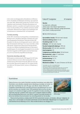 KF FASTIGHETER




I de tre större utvecklingsprojekten; Kvarnholmen och Bromma        Fakta KF Fastigheter
Center i Stockholm samt Backaplan i Göteborg, togs avgörande
steg under 2006. Därmed lades grunden för ett intensivt utveck-
                                                                    Styrelse
lingsarbete under kommande år. Projekten Kvarnholmen och
                                                                    Lars Idermark, ordförande
Backaplan, som drivs i samarbete med respektive kommun, syftar
                                                                    Johnny Capor, Hans Eklund, Ingrid Karlsson
till att utveckla områdena till nya stadsdelar med kontor, handel
                                                                    Anders Stake, Anders Palmquist, facklig representant,
och bostäder. I Bromma Center skapas en stor handelsplats med
                                                                    Harry Swartz, facklig representant
en kombination av stormarknad, fack- och volymhandel.

                                                                    Vd: Bernt-Olof Gustavsson
Framtida utveckling
Under 2007 intensifieras utvecklingsarbetet av handelsplatserna
                                                                    Hyresintäkter (brutto): 500 mkr (exkl. inhyrda)
Bromma Center i Stockholm, Backaplan i Göteborg samt stads-
utvecklingsprojektet Kvarnholmen. Samtidigt fortsätter KF           Tjänsteomsättning extern: 41 mkr
Fastigheter att söka nya utvecklingsprojekt runtom i landet samt    Omsättning totalt: 541 mkr
lägen för kommande etableringar. En ny typ av samverkan mellan      Driftnetto1: 307 mkr (exkl. inhyrda)
olika aktörer i kooperationen skapas genom Fastighetsfonden,        Resultat fastighetsförsäljningar: 395 mkr
vars syfte är att förbättra kunskapsöverföringen och öka takten i
                                                                    Rörelseresultat: 600 mkr (inkl. reavinster)
nyetableringarna. En central uppgift kommande år är att utveckla
framtidens byggande och KF Fastigheter kommer bland annat           Antal fastigheter: 60
att se över nya former för energieffektivare lösningar.             Fastigheternas bokförda värde: 3,8 mdr kronor
                                                                    Marknadsvärde2, cirka: 5,7 mdr kronor
Ekonomisk utveckling under året                                     Uthyrbar yta: 490 000 kvm
KF Fastigheters rörelseresultat för 2006 uppgick till 205 miljo-    Direktavkastning3: 6,7 %
ner kronor exklusive reavinster vilket översteg målet om ett
                                                                    Totalavkastning4: 14 %
rörelseresultat på 200 miljoner kronor för 2006 som sattes upp
                                                                    Medelantal anställda: 79, varav 23 kvinnor och 56 män
för tre år sedan. Reavinsterna uppgick till 395 miljoner kronor,
mot målet om 100 miljoner kronor i reavinst vid försäljning av      1
                                                                        Hyresintäkter minus drift- och underhållskostnader
                                                                    2
                                                                        Inklusive KF Fastigheters sex delägda fastigheter
fastigheter.                                                        3
                                                                        Årets driftnetto i relation till marknadsvärde vid årets början. Avser identiskt
                                                                        bestånd, fastigheter som ägs både vid årets början och vid årets slut.
                                                                    4
                                                                        Summan av direktavkastning och värdeförändring minus investeringar, uttryckt i
                                                                        procent av marknadsvärde vid årets början. Avser identiskt bestånd, fastigheter
                                                                        som ägs både vid årets början och vid årets slut.




   Kvarnholmen

   I Nacka Kommun strax utanför Stockholm utvecklas Kvarnholmen med målet att bli
   Stockholms mest attraktiva stadsdel med en blandning av bostäder och kontor i en
   unik miljö. Kvarnholmen har varit i KFs ägo i över åttio år. Sedan 2002 har KF
   Fastigheter arbetat tillsammans med Nacka Kommun med planering för hur områ-
   det kan utvecklas som stadsdel. Under 2006 godkände Nacka kommun de plan-
   program och ramavtal som lägger grunden för projektets fortsatta utveckling. Ett
   avgörande steg togs i projektet under hösten när KF Fastigheter bildade ett hälften- Flygfoto över Kvarnholmen
   ägt utvecklingsbolag tillsammans med JM AB. Projektets finansiella betydelse för     (fotomontage)
   koncernen beräknas öka kommande år när utvecklingsarbetet tar fart på allvar.
     Planerna för Kvarnholmen omfattar totalt 300 000 kvadratmeter bostads- och lokalyta, vilket ger möjligheter att
   skapa cirka 2 100 bostäder och 90 000 kvadratmeter kommersiella lokaler. Målsättningen är en byggstart 2009
   med beräknad första inflyttning år 2010. Hela området beräknas vara utbyggt 2017.




                                                                                                   Kooperativa Förbundet, Verksamheten 2006 27
 