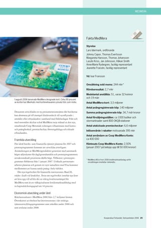 MEDMERA




                                                                         Fakta MedMera

                                                                         Styrelse
                                                                         Lars Idermark, ordförande
                                                                         Johnny Capor, Thomas Evertsson
                                                                         Margareta Hansson, Thomas Johansson
                                                                         Laszlo Kriss, Jan Johnsson, Håkan Smith
                                                                         Anne-Marie Rydergren, facklig representant
                                                                         Jeanette Franzén, facklig representant


                                                                         Vd: Ivar Fransson


                                                                         Omsättning exkl moms: 244 mkr*

                                                                         Rörelseresultat: 2,7 mkr

                                                                         Medelantal anställda: 51, varav 32 kvinnor
                                                                         och 19 män
I augusti 2006 lanserade MedMera designade kort. Cirka 90 procent
av korten har tillverkats med kortinnehavarens privata foto som motiv.   Antal MedMera-kort: 3,5 miljoner

                                                                         Antal poängregistrerade köp: 140 miljoner
Dessutom utvecklades en ny prenumerationstjänst där butikerna            Summa poängregistrerade köp: 34,7 mdr kronor
kan abonnera på till exempel direktutskick till nyinflyttade i
                                                                         Antal försäljningsställen: ca 1000 butiker och
området eller erbjudanden i samband med födelsedagar. Från och
                                                                         stormarknader samt 800 OKQ8-stationer
med november skickar också MedMera varje månad ut den nya,
omarbetade Coop Mersmak-tidningen tillsammans med konto-                 Antal utskickade premiecheckar: 6,6 miljoner
och poängbesked, premiecheckar, föreningsbilaga och riktade
                                                                         Inlösenvärde i rabatter motsvarade 395 mkr
erbjudanden.
                                                                         Antal användare av Coop MedMera Konto:
Framtida utveckling                                                      ca 400 000
Fler såväl butiks- som finansiella tjänster planeras för 2007 och        Räntesats Coop MedMera Konto: 2,50%
premieprogrammet kommer att utvecklas ytterligare.                       (januari 2007 på belopp upp till 50 000 kronor)
Användningen av MedMeraprodukter genererar med automatik
högre säljvolymer för dagligvaruhandeln och premieprogrammets
attraktionskraft prioriteras därför högt. Villkoren i premiepro-
                                                                         * MedMera AB är from 2006 kreditmarknadsbolag varför
grammet förbättras från 1 januari 2007. Utökade partnersam-                omsättningen innefattar räntenetto.
arbeten planeras och genom ett nytt samarbete med Visa kommer
medlemmen att kunna samla poäng i hela världen.
    Det nya regelverket för finansiella institutioner, Basel II,
träder i kraft vid årsskiftet. Även om regelverket innebär nya krav
att leva upp till så blir det en viktig kvalitetsstämpel för
MedMera som är ett välkapitaliserat kreditmarknadsbolag med
en kapitaltäckningsgrad om 44 procent.

Ekonomisk utveckling under året
Rörelseresultatet i MedMera 2006 blev 2,7 miljoner kronor.
Överskottet ur rörelsen har återinvesterats i det treåriga
tjänsteutvecklingsprogrammet som inleddes under 2006 och
som avslutas under 2008.


                                                                                             Kooperativa Förbundet, Verksamheten 2006 29
 