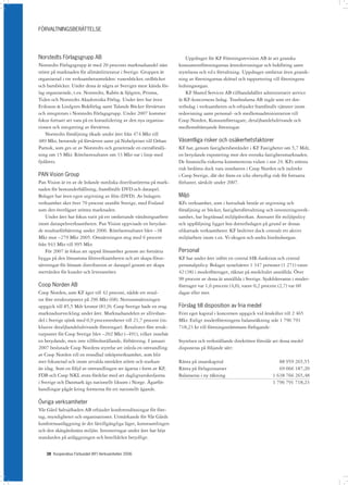 FÖRVALTNINGSBERÄTTELSE




Norstedts Förlagsgrupp AB                                              Uppdraget för KF Föreningsrevision AB är att granska
Norstedts Förlagsgrupp är med 20 procents marknadsandel näst        konsumentföreningarnas årsredovisningar och bokföring samt
störst på marknaden för allmänlitteratur i Sverige. Gruppen är      styrelsens och vd:s förvaltning. Uppdraget omfattar även gransk-
organiserad i tre verksamhetsområden: vuxenböcker, ordböcker        ning av föreningarnas skötsel och rapportering till föreningens
och barnböcker. Under dessa är några av Sveriges mest kända för-    ledningsorgan.
lag organiserade, t.ex. Norstedts, Rabén & Sjögren, Prisma,            KF Shared Services AB tillhandahåller administrativ service
Tiden och Norstedts Akademiska Förlag. Under året har även          åt KF-koncernens bolag. Tranbodarna AB ingår som ett dot-
Eriksson & Lindgren Bokförlag samt Talande Böcker förvärvats        terbolag i verksamheten och erbjuder framförallt tjänster inom
och integrerats i Norstedts Förlagsgrupp. Under 2007 kommer         redovisning samt personal- och medlemsadministration till
fokus fortsatt att vara på en konsolidering av den nya organisa-    Coop Norden, Konsumföretagare, detaljhandelsdrivande och
tionen och integrering av förvärven.                                medlemsfrämjande föreningar.
    Norstedts försäljning ökade under året från 474 Mkr till
489 Mkr, beroende på förvärven samt på Nobelpriset till Orhan       Väsentliga risker och osäkerhetsfaktorer
Pamuk, som ges ut av Norstedts och genererade en extraförsälj-      KF har, genom fastighetsbeståndet i KF Fastigheter om 5,7 Mdr,
ning om 15 Mkr. Rörelseresultatet om 33 Mkr var i linje med         en betydande exponering mot den svenska fastighetsmarknaden.
fjolårets.                                                          De finansiella riskerna kommenteras vidare i not 24. KFs största
                                                                    risk bedöms dock vara innehaven i Coop Norden och indirekt
PAN Vision Group                                                    i Coop Sverige, där det finns en icke obetydlig risk för fortsatta
Pan Vision är en av de ledande nordiska distributörerna på mark-    förluster, särskilt under 2007.
naden för hemunderhållning, framförallt DVD och dataspel.
Bolaget har även egen utgivning av film (DVD). Av bolagets          Miljö
verksamhet sker över 70 procent utanför Sverige, med Finland        KFs verksamhet, som i huvudsak består av utgivning och
som den överlägset största marknaden.                               försäljning av böcker, fastighetsförvaltning och investeringsverk-
    Under året har fokus varit på ett omfattande vändningsarbete    samhet, har begränsad miljöpåverkan. Ansvaret för miljöpolicy
inom dataspelsverksamheten. Pan Vision uppvisade en betydan-        och uppföljning ligger hos dotterbolagen på grund av dessas
de resultatförbättring under 2006. Rörelseresultatet blev –38       olikartade verksamheter. KF bedriver dock centralt ett aktivt
Mkr mot –279 Mkr 2005. Omsättningen steg med 6 procent              miljöarbete inom t.ex. Vi-skogen och andra biståndsorgan.
från 943 Mkr till 995 Mkr.
    För 2007 är fokus att uppnå lönsamhet genom att fortsätta       Personal
bygga på den lönsamma filmverksamheten och att skapa förut-         KF har under året infört en central HR-funktion och central
sättningar för lönsam distribution av dataspel genom att skapa      personalpolicy. Bolaget sysselsätter 1 347 personer (1 271) varav
mervärden för kunder och leverantörer.                              42 (38) i moderföretaget, räknat på medeltalet anställda. Över
                                                                    90 procent av dessa är anställda i Sverige. Sjukfrånvaron i moder-
Coop Norden AB                                                      företaget var 1,6 procent (4,0), varav 0,2 procent (2,7) var 60
Coop Norden, som KF äger till 42 procent, nådde ett resul-          dagar eller mer.
tat före strukturposter på 296 Mkr (68). Nettoomsättningen
uppgick till 85,5 Mdr kronor (81,9). Coop Sverige hade en svag      Förslag till disposition av fria medel
marknadsutveckling under året. Marknadsandelen av allivshan-        Fritt eget kapital i koncernen uppgick vid årsskiftet till 2 465
del i Sverige sjönk med 0,9 procentenheter till 21,7 procent (in-   Mkr. Enligt moderföreningens balansräkning står 1 796 791
klusive detaljhandelsdrivande föreningar). Resultatet före struk-   718,23 kr till föreningsstämmans förfogande:
turposter för Coop Sverige blev –202 Mkr (–491), vilket innebär
en betydande, men inte tillfredsställande, förbättring. I januari   Styrelsen och verkställande direktören föreslår att dessa medel
2007 beslutade Coop Nordens styrelse att inleda en omvandling       disponeras på följande sätt:
av Coop Norden till en renodlad inköpsverksamhet, som blir
mer fokuserad och inom utvalda områden större och starkare          Ränta på insatskapital                             88 959 265,55
än idag. Som en följd av omvandlingen ser ägarna i form av KF,      Ränta på förlagsinsatser                           69 066 187,20
FDB och Coop NKL stora fördelar med att dagligvarukedjorna          Balanseras i ny räkning                         1 638 766 265,48
i Sverige och Danmark ägs nationellt liksom i Norge. Ägarför-                                                       1 796 791 718,23
handlingar pågår kring formerna för ett nationellt ägande.

Övriga verksamheter
Vår Gård Saltsjöbaden AB erbjuder konferenslösningar för före-
tag, myndigheter och organisationer. Utmärkande för Vår Gårds
konferensanläggning är det lättillgängliga läget, konstsamlingen
och den skärgårdsnära miljön. Investeringar under året har höjt
standarden på anläggningen och hotelldelen betydligt.


   38 Kooperativa Förbundet (KF) Verksamheten 2006
 