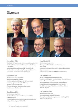 STYRELSEN




Styrelsen
                                Nina Jarlbäck                            Sune Dahlqvist                                Lars Idermark




                                Eva Calderon                              Hans Eklund                                 Curt Johansson




Nina Jarlbäck 1946                                                  Hans Eklund 1954
Ordförande i KFs styrelse sedan 2002, styrelseledamot sedan 1995.   Styrelseledamot sedan 1997.
Styrelseordförande i Konsumentföreningen Svea. Ordförande i         Vice styrelseordförande i Konsumentföreningen Svea.
Coop Norden.                                                        Juris doktor.
Tidigare kommunalråd och ledamot av statliga styrelser.             Universitetslektor och studierektor vid Juridiska Institutionen,
Styrelseordförande i Folksam Liv, Vi-skogen och Kooperation         Uppsala universitet.
Utan Gränser samt styrelseledamot i Riksbyggen.                     Lekmannarevisor i Folksam och KP Pension  Försäkring.


Eva Calderon 1944                                                   Lars Idermark 1957
Styrelseledamot sedan hösten 2005.                                  Vd och styrelseledamot sedan november 2005.
Arbetstagarrepresentant, Handels.                                   Agronomutbildning samt universitetsstudier i företagsekonomi,
Facklig ledarskapsutbildning, avtals- och förhandlings-             nationalekonomi samt juridik.
utbildning, opinions- och mediautbildning.                          Styrelseordförande i Coop Sverige samt styrelseledamot i
Säljare på Coop Forum Bäckebol.                                     Folksam Liv, KP Pension  Försäkring, Coop Norden,
Överstyrelseledamot i Handelsanställdas förbund.                    Handelsbanken Region Väst, Södra och Stiftelsen Chalmers
Styrelseledamot i Liseberg AB.                                      Tekniska Högskola.


Sune Dahlqvist 1948                                                 Curt Johansson 1942
Styrelseledamot sedan 2006.                                         Styrelseledamot sedan 2001.
Styrelseordförande i Konsumentföreningen Stockholm.                 Styrelseordförande i Konsum Norrbotten.
LOs Folkhögskola.                                                   Företagsekonom (högre företagsekonomisk utbildning TBV).
Förhandlingskonsult Hyresgästföreningen Region Stockholm            Tidigare sjukhusdirektör.
(tidigare förhandlingschef 1996-2005).



   70 Kooperativa Förbundet, Verksamheten 2006
 