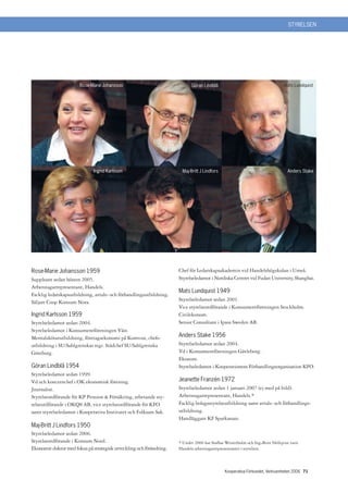 STYRELSEN




                       Rose-Marie Johansson                                Göran Lindblå                                      Mats Lundquist




                              Ingrid Karlsson                         Maj-Britt J Lindfors                                      Anders Stake




Rose-Marie Johansson 1959                                            Chef för Ledarskapsakademin vid Handelshögskolan i Umeå.
Suppleant sedan hösten 2005.                                         Styrelseledamot i Nordiska Centret vid Fudan University, Shanghai.
Arbetstagarrepresentant, Handels.
                                                                     Mats Lundquist 1949
Facklig ledarskapsutbildning, avtals- och förhandlingsutbildning.
Säljare Coop Konsum Nora.                                            Styrelseledamot sedan 2001.
                                                                     Vice styrelseordförande i Konsumentföreningen Stockholm.
Ingrid Karlsson 1959                                                 Civilekonom.
Styrelseledamot sedan 2004.                                          Senior Consultant i Ipsos Sweden AB.
Styrelseledamot i Konsumentföreningen Väst.
Mentalskötarutbildning, företagsekonomi på Komvux, chefs-            Anders Stake 1956
utbildning i SU/Sahlgrenskas regi. Städchef SU/Sahlgrenska           Styrelseledamot sedan 2004.
Göteborg.                                                            Vd i Konsumentföreningen Gävleborg.
                                                                     Ekonom.
Göran Lindblå 1954                                                   Styrelseledamot i Kooperationens Förhandlingsorganisation KFO.
Styrelseledamot sedan 1999.
Vd och koncernchef i OK ekonomisk förening.                          Jeanette Franzén 1972
Journalist.                                                          Styrelseledamot sedan 1 januari 2007 (ej med på bild).
Styrelseordförande för KP Pension  Försäkring, arbetande sty-       Arbetstagarrepresentant, Handels.*
relseordförande i OKQ8 AB, vice styrelseordförande för KFO           Facklig bolagsstyrelseutbildning samt avtals- och förhandlings-
samt styrelseledamot i Kooperativa Institutet och Folksam Sak.       utbildning.
                                                                     Handläggare KF Sparkassan.
Maj-Britt J Lindfors 1950
Styrelseledamot sedan 2006.
Styrelseordförande i Konsum Nord.                                    * Under 2006 har Staffan Westerholm och Ing-Britt Hellqvist varit
Ekonomie doktor med fokus på strategisk utveckling och förändring.   Handels arbetstagarrepresentanter i styrelsen.



                                                                                              Kooperativa Förbundet, Verksamheten 2006 71
 