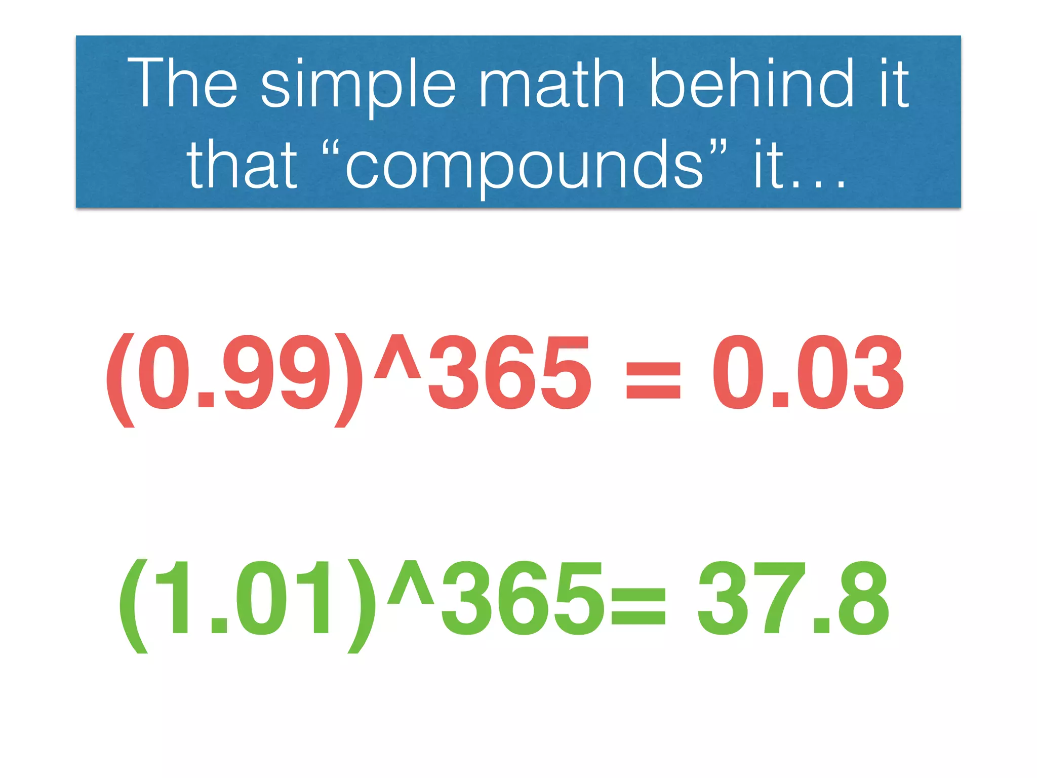 The simple math behind it
that “compounds” it…
(0.99)^365 = 0.03
(1.01)^365= 37.8
 