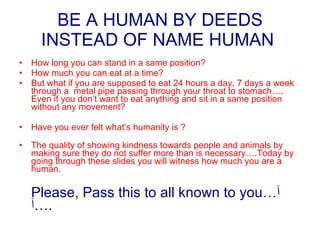 BE A HUMAN BY DEEDS INSTEAD OF NAME HUMAN   ,[object Object],[object Object],[object Object],[object Object],[object Object],[object Object]